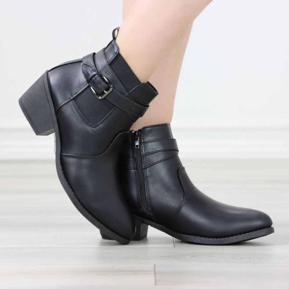 Womens Ankle Boots Low Block Heel Brown Synthetic Leather Pointed Toe Buckles - Picture 9 of 11